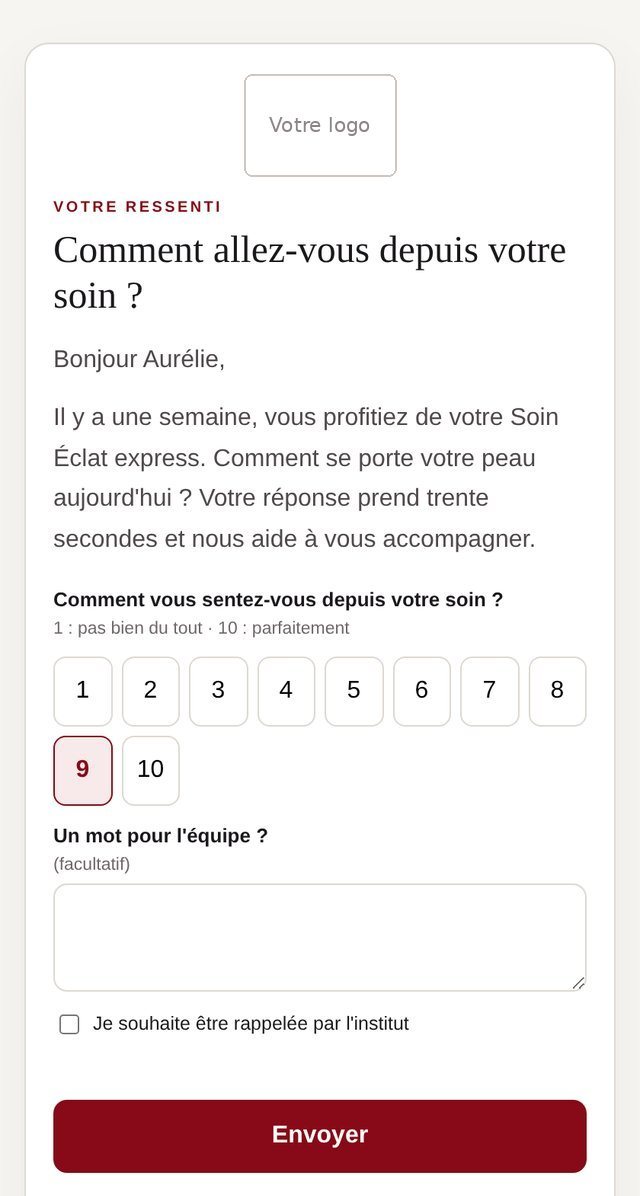 Message reçu par la cliente une semaine après son soin, avec une note de 1 à 10